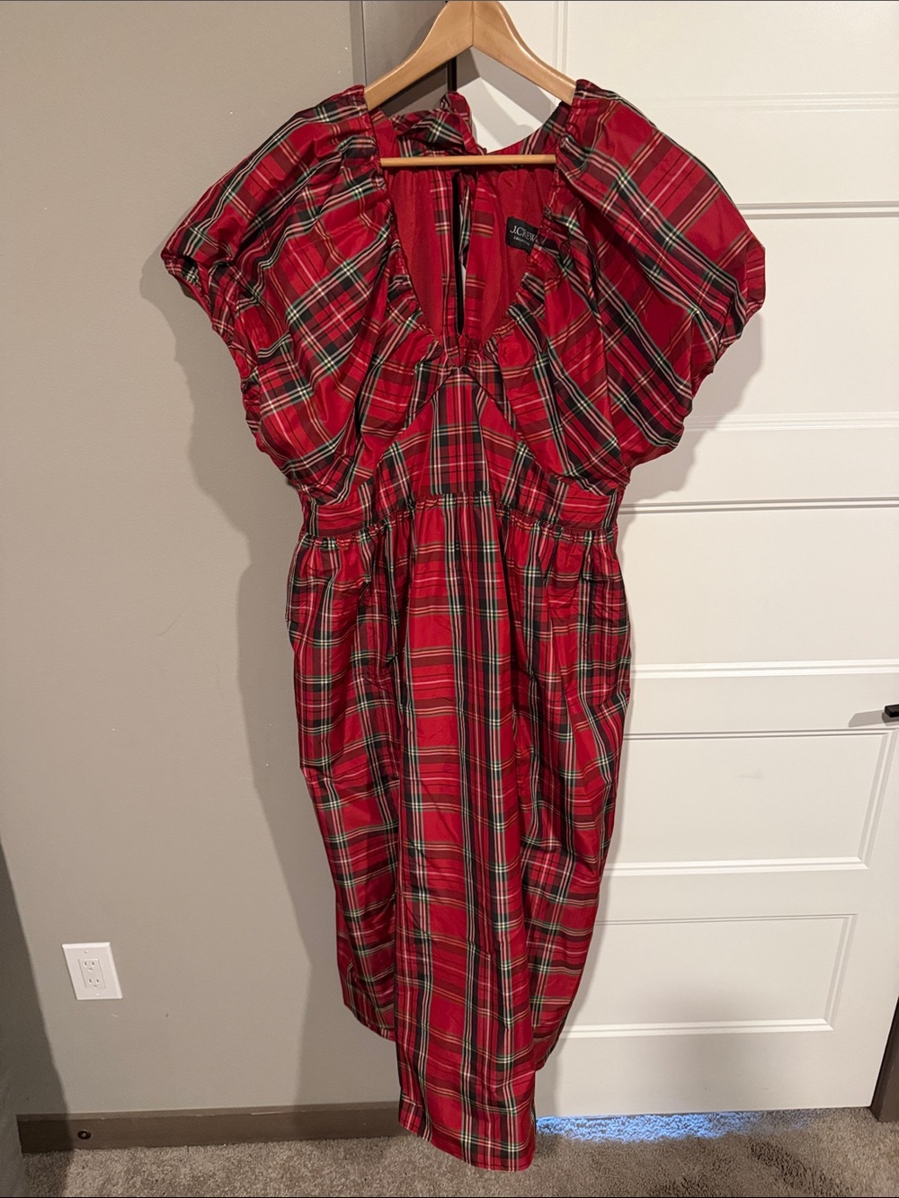 J. Crew Red Plaid Midi Dress with Puff Sleeves